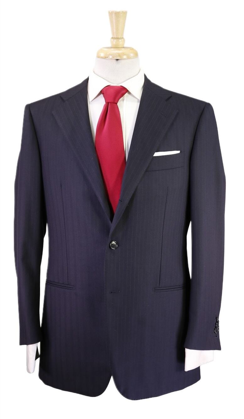 Cesare Attolini x Holland & Sherry Navy Blue Herringbone Striped 2-Btn Suit 38R